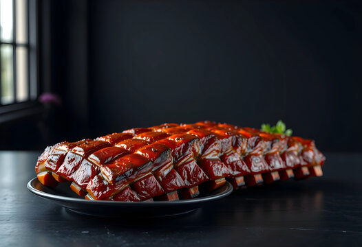 Barbecue pork ribs on black plate with dark background