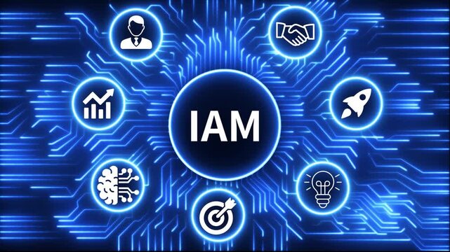 IAM icon surrounded by smaller icons for ai manufacturing strategy. A glowing neon, and manufacturing process management all connected in a digital circuit like pattern, 4k video 
