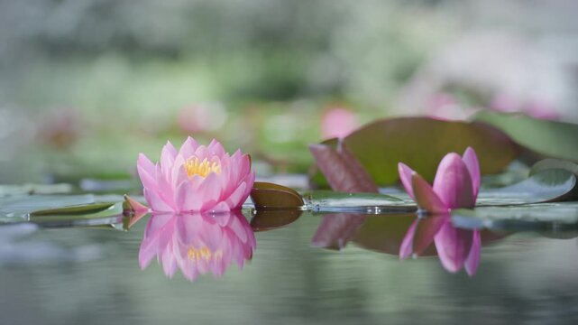 Pink lotus flower or waterlily reflected on the water surface of a pond.
