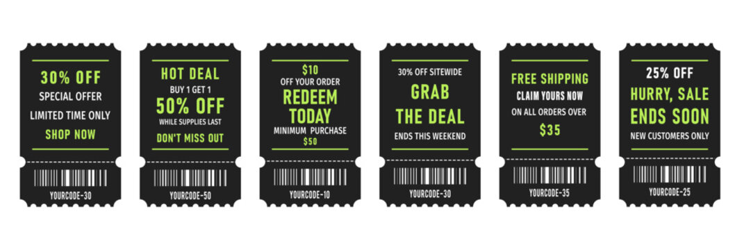 Black retail sale coupon set with barcode and promo code placeholders