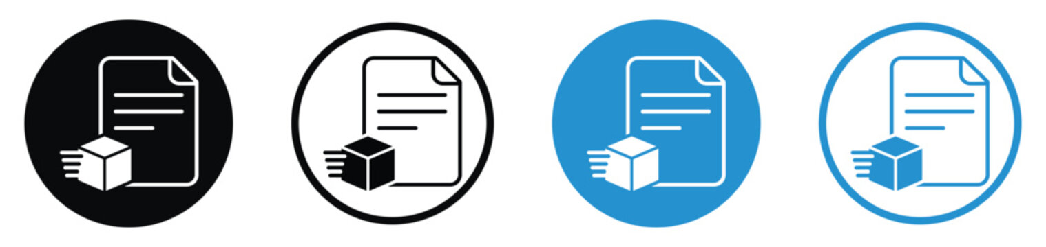 Fast shipping document icon set with a flying box and paper page, vector elements for express delivery and logistics.