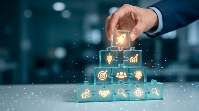 Startup business launch strategy shown by a hand placing a glowing rocket puzzle piece onto a corporate foundation hierarchy.