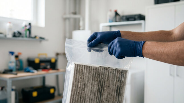 Hands seal plastic bag over dirty air filter