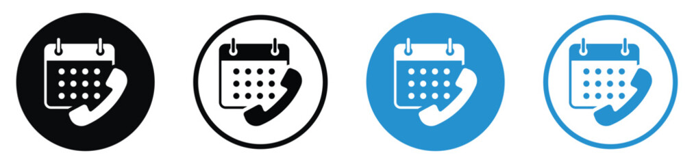 Fototapeta premium Telephone and calendar icons in flat black and blue styles. Perfect for booking appointments, scheduling calls, and event planning.