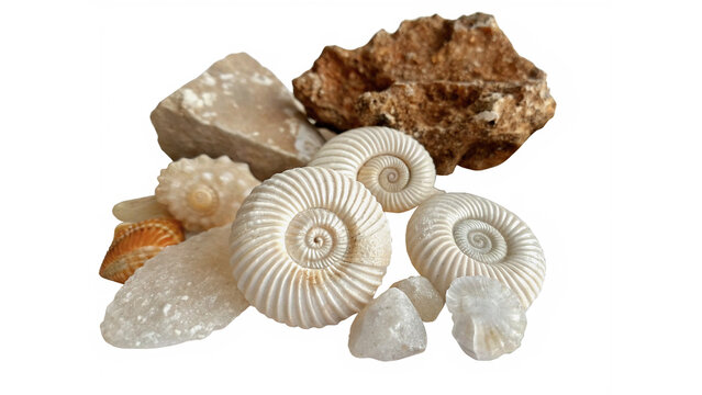 Group of decorative sea shells and corals isolated on a transparent background