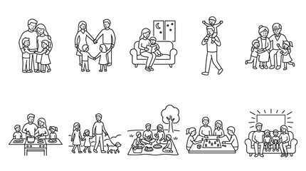 Fototapeta premium Vintage Black & White Family Life Illustrations – Happy Family Moments Sketch Style Art