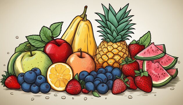 various hand drawn fresh fruits and berries including grapes apple pear banana strawberry pineapple peach lemon orange watermelon and blueberries in a charming doodle style