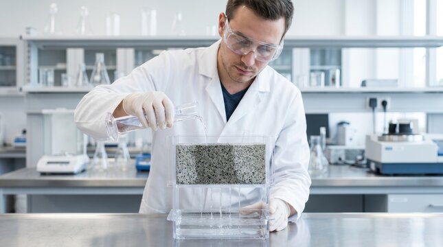Scientist in a laboratory pouring liquid through a block of porous concrete to test water permeability