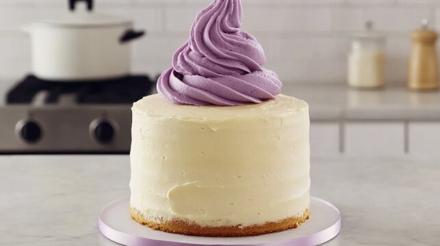 Swirl of Vibrant Purple Icing Piped onto Plain Cake