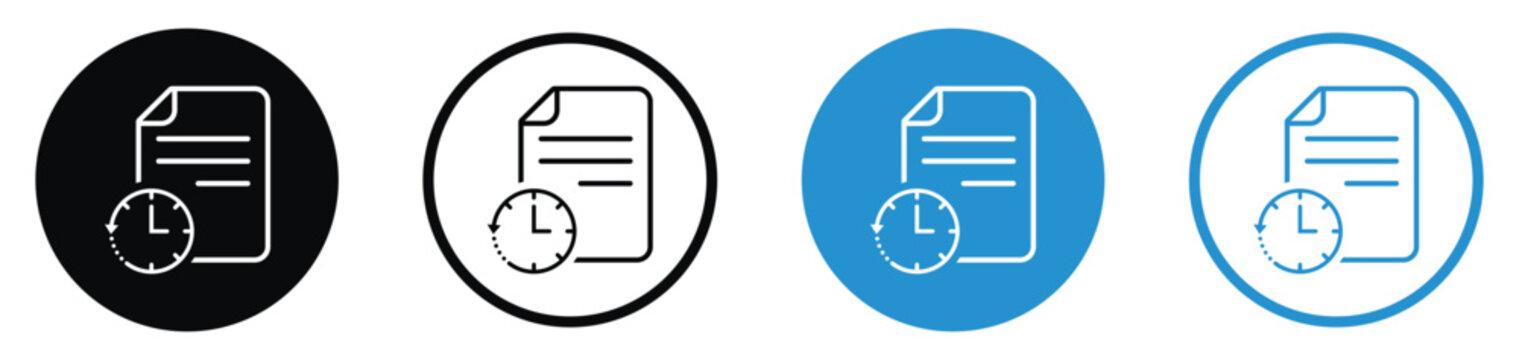 Time management document icon set with a clock and sheet of paper, symbol for history, deadline, or pending task log.