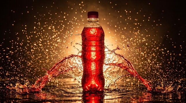 Refreshing cola soda bottle with dynamic liquid splash and droplets on dark abstract background with warm backlighting effect