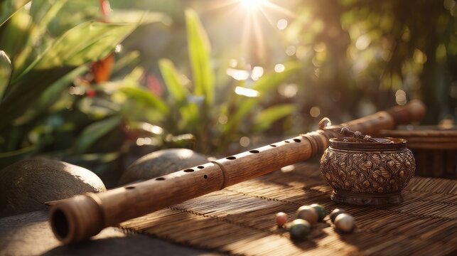 Wooden flute on a mat with golden sunlight