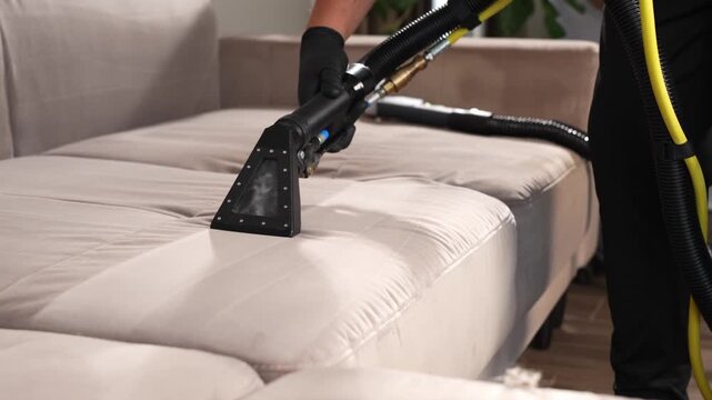 Furniture stain removal using a wet extraction machine nozzle in 4K. Janitorial worker pulls dark liquid from a beige textile surface