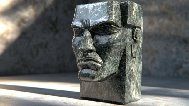 Sculpted Obsidian Bust of a Stern Figure, Furrowed Brow, Gigapixel