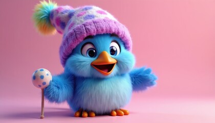 Obraz premium Fluffy blue bird character wears colorful winter hat, holds lollipop. Friendly, smiling plush toy, cute, whimsical, playful, cheerful, fun, happy, adorable, bright, cartoonish, 3D render.