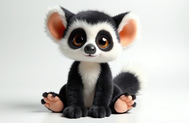 Fototapeta premium Cute cartoon lemur toy sits on white background. Small primate plush with big eyes and furry tail looks happy. Adorable stuffed animal artwork perfect for kids.