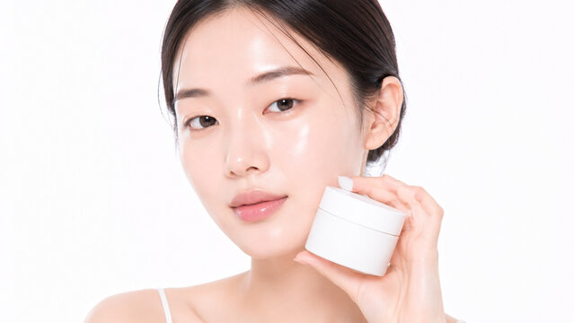 Asian beauty portrait of a young woman with radiant skin holding jar