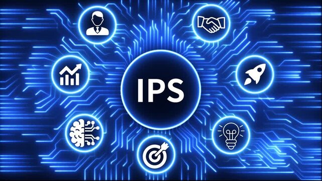 IPS icon surrounded by smaller icons for ai manufacturing strategy. A glowing neon, and manufacturing process management all connected in a digital circuit like pattern, 4k video 