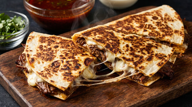 Cheesy birria quesadilla cut in half on wooden board