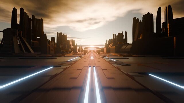 Endless futuristic post-apocalyptic highway massive ruined monumental structures and cyberpunk city ruins under a dramatic golden sunset sky atmospheric haze, and powerful cinematic lighting