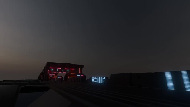 Seamless looping forward motion through a dark cyberpunk environment with a massive glowing red rectangular structure dominating the left side