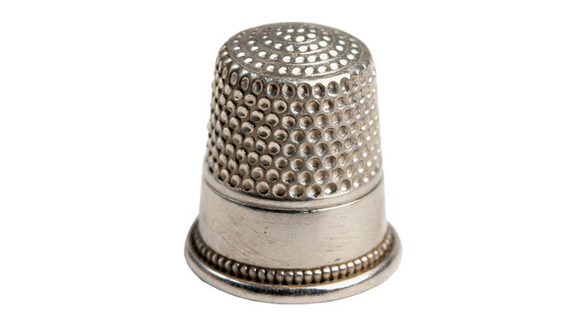 Classic metallic silver sewing thimble finger protective shield isolated on a transparent background