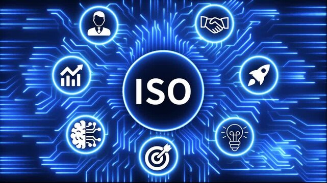 ISO icon surrounded by smaller icons for ai manufacturing strategy. A glowing neon, and manufacturing process management all connected in a digital circuit like pattern, 4k video 