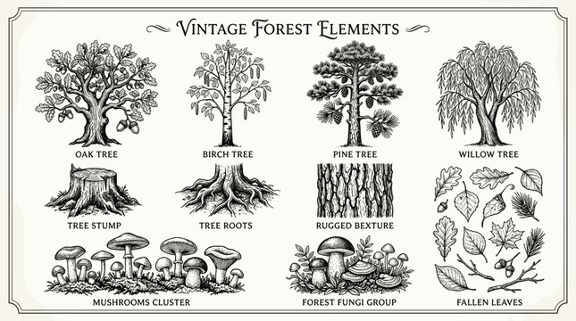 Vintage Forest Elements Icons Set in Monochrome Black and White Engraved Botanical