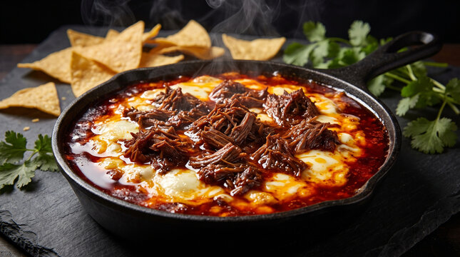 birria queso dip with shredded beef in cast iron skillet