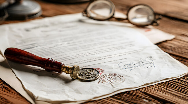 A certificate of acknowledgment for a legal document sits on a wooden desk, surrounded by a notary stamp and vintage glasses, conceptually representing a professional law firm's services