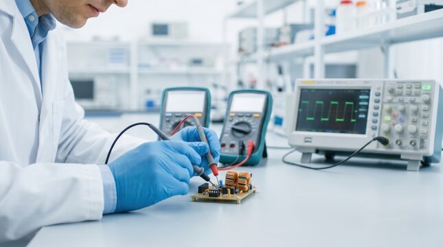 Electronics engineer wearing blue gloves testing a circuit board with a multimeter and oscilloscope on a lab bench