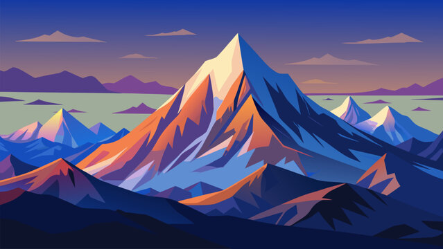 Detailed mountain landscape with dramatic peaks and colorful valleys for nature posters, tourism graphics and outdoor backgrounds.