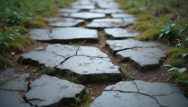 Cracked flagstone pathway borders green mossy grass and soil. Jagged grey stones make uneven garden trail. Nature ground texture leads forward.