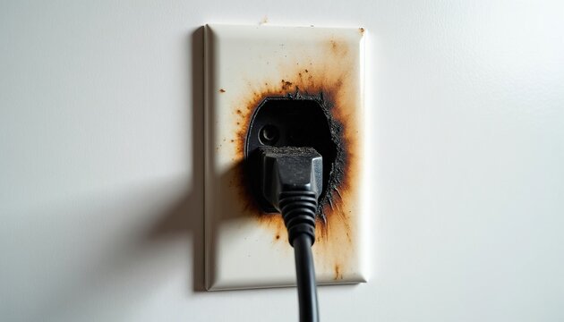 Burnt electrical outlet with plug inserted. Damaged socket shows scorch marks from electrical fire hazard. Danger symbol of overloaded circuit unsafe wiring.