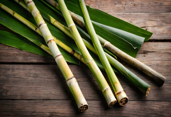 Fototapeta premium Fresh sugar cane stalks on wooden surface with green leaves