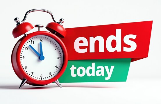Red alarm clock near banner says ends today. Hurry up for sale and promotion offer. Time running out fast. Last chance deal countdown. Reminder for event.