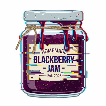 Homemade Blackberry Jam Glass Jar Illustration with Glitch Art Effect and Dripping Syrup.