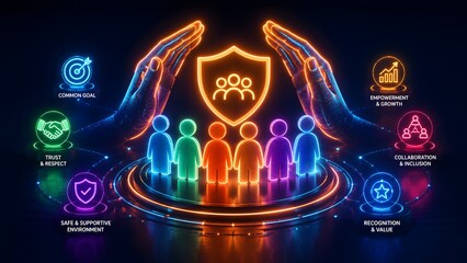 Fototapeta premium Glowing hands forming a shield over colorful people figures with neon business icons. Concept of human resource protection, corporate team security, and workplace safety compliance.
