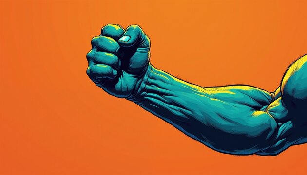 Blue toned arm, clenched fist held high against vibrant orange background. Represents power, strength, determination. Bold, graphic style illustration suitable for motivational content, bold