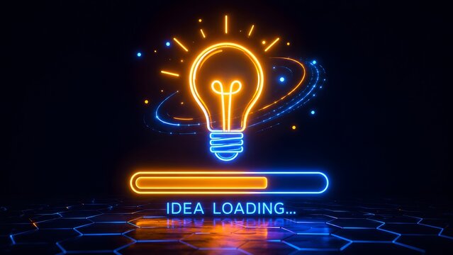 Glowing neon lightbulb over a loading bar on hexagonal floor. Concept of artificial intelligence idea generation, technological innovation process, and digital startup brainstorming.