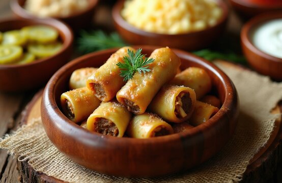 Wooden bowl holds sarmale cabbage rolls with filling, served with couscous and pickles. Rustic Romanian dish with hearty meat, seasoned herbs and spices. A delicious, savory meal presentation.