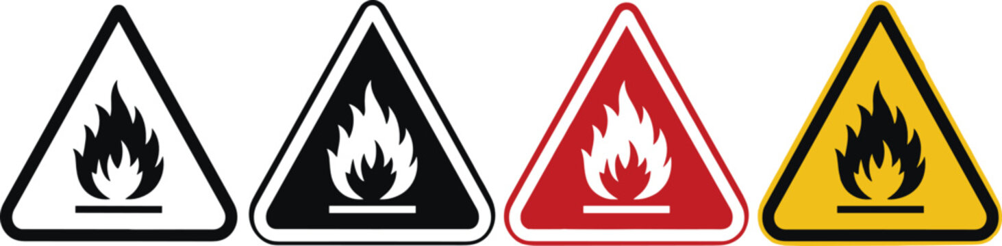 Set of four fire hazard warning signs with flame symbols in black, red, and yellow triangle designs isolated on transparent background