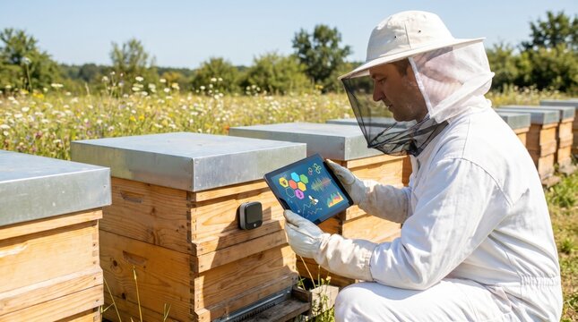 Beekeeper in protective suit using a digital tablet to monitor beehives in a field