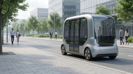 Obraz premium Modern self driving autonomous shuttle bus moving along a futuristic city street with pedestrians