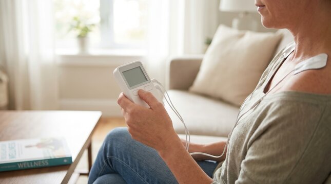 Woman using a tens machine with electrode pads on her shoulder for pain relief at home