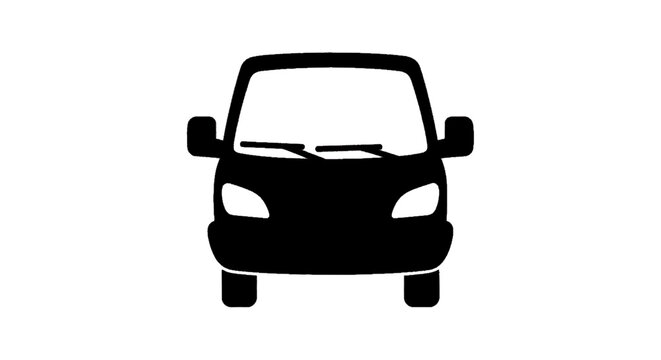 Minimal black silhouette icon, simple flat vector, bold black shape, no gradients, no shading front view of a delivery van icon on a, flat icon style
