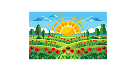 Fototapeta premium Sunrise Over Poppy Field Flat Design Vector Illustration