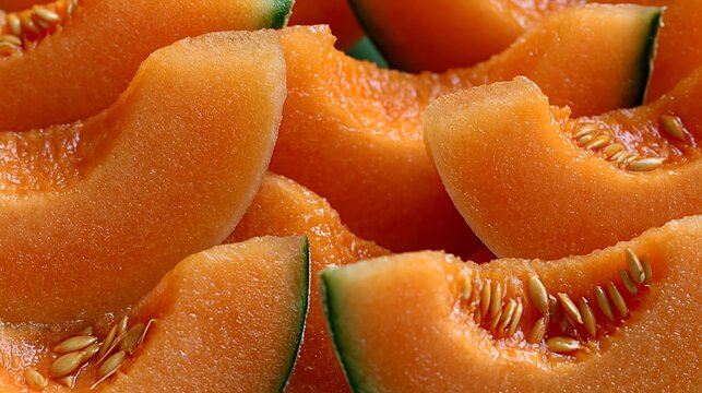 Juicy melon slices show their bright orange insides and tiny seeds up close.