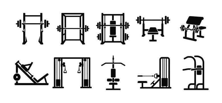 Collection of heavy weight training machines and gym power racks for body building.