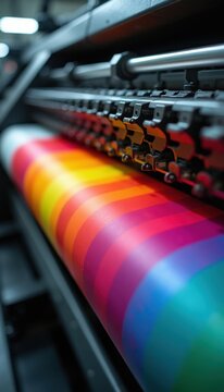 Close view of industrial printing machine roller creating colorful stripes. Machine applies cyan magenta yellow black ink for print jobs. Digital press produces vibrant output.
